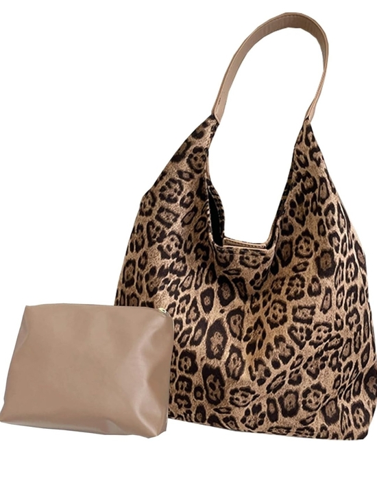 Handbags - Leopard Print Hobo Bag with Beige Pouch - Stylish Women's Shoulder Bag